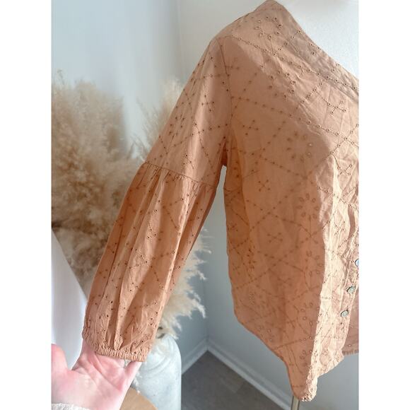 NWT J. Jill Eyelet Lantern Sleeve Blouse XS Petite Button Front V Neck Ginger - Picture 2 of 6